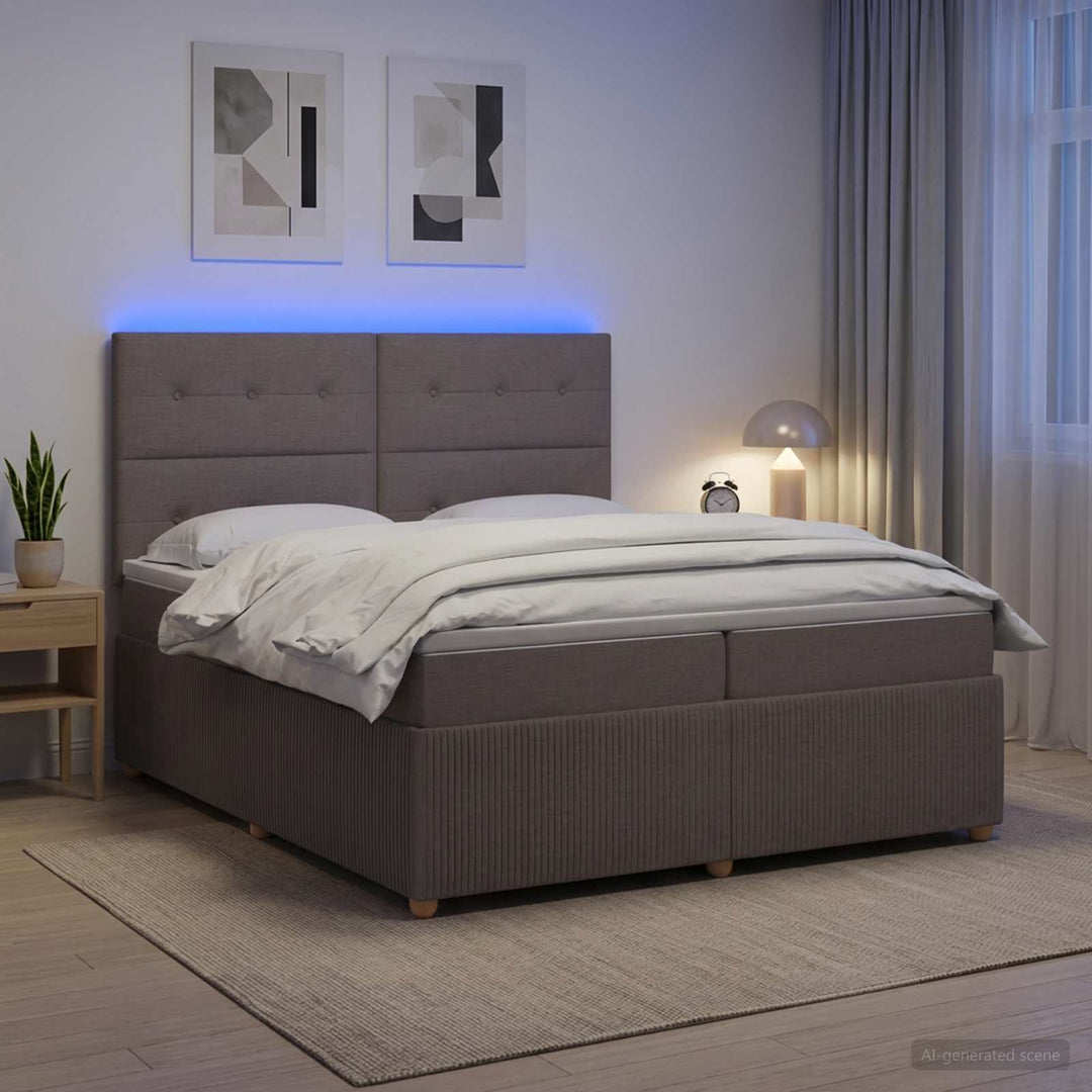 LED boksmadrasseng med madras Gråbrun 200 x 200 cm Stof