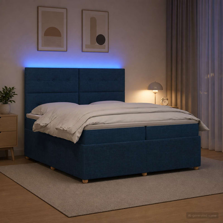 LED boksmadrasseng med madras Blå 200 x 200 cm Stof