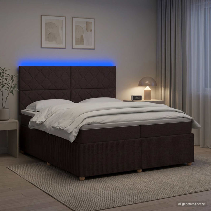 LED boksmadrasseng med madras Mørk Brun 200 x 200 cm Stof