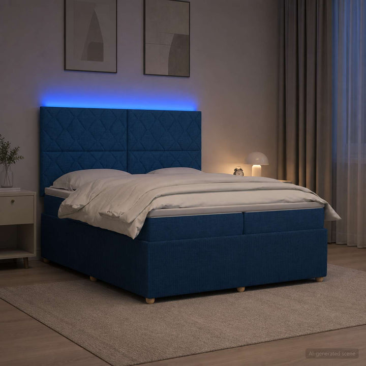 LED boksmadrasseng med madras Blå 200 x 200 cm Stof
