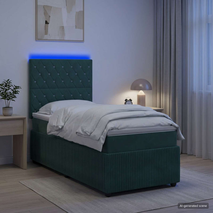 LED boksmadrasseng med madras Mørkegrøn 90 x 190 cm Fløjl