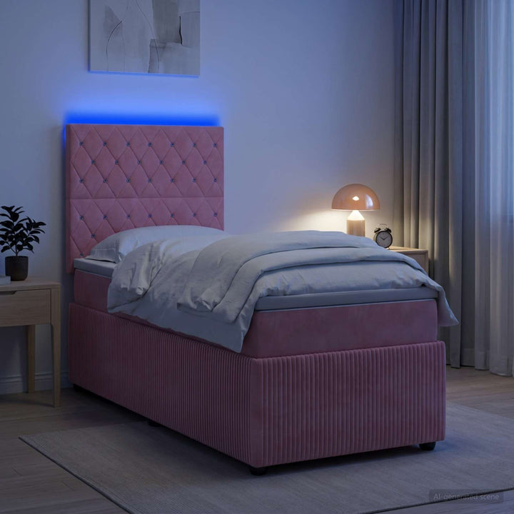LED boksmadrasseng med madras Lyserød 90 x 200 cm Fløjl