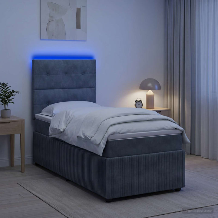LED boksmadrasseng med madras Mørkegrå 90 x 190 cm Fløjl