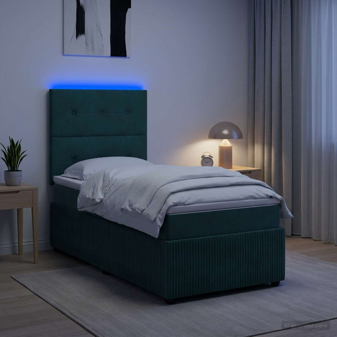 LED boksmadrasseng med madras Mørkegrøn 80 x 200 cm Fløjl