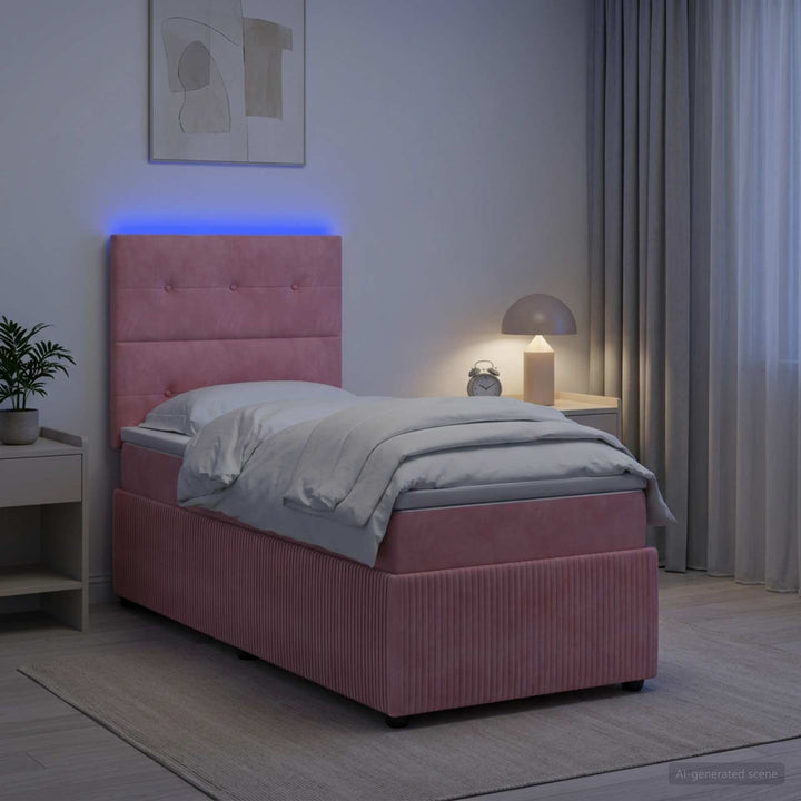 LED boksmadrasseng med madras Lyserød 90 x 200 cm Fløjl