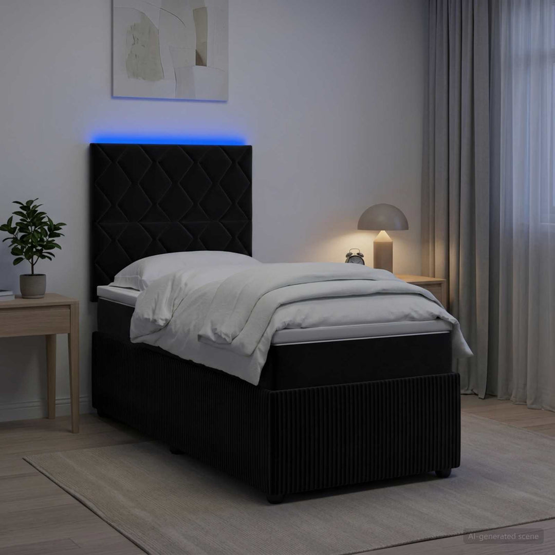 LED boksmadrasseng med madras Sort 100 x 200 cm Fløjl