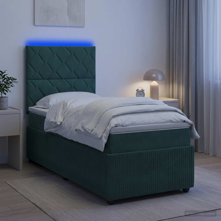 LED boksmadrasseng med madras Mørkegrøn 90 x 200 cm Fløjl