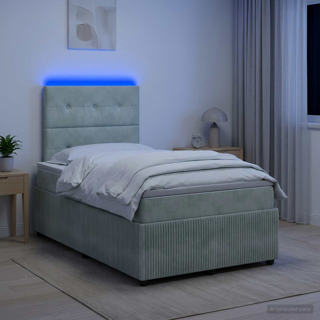 LED boksmadrasseng med madras Lysegrå 120 x 190 cm Fløjl