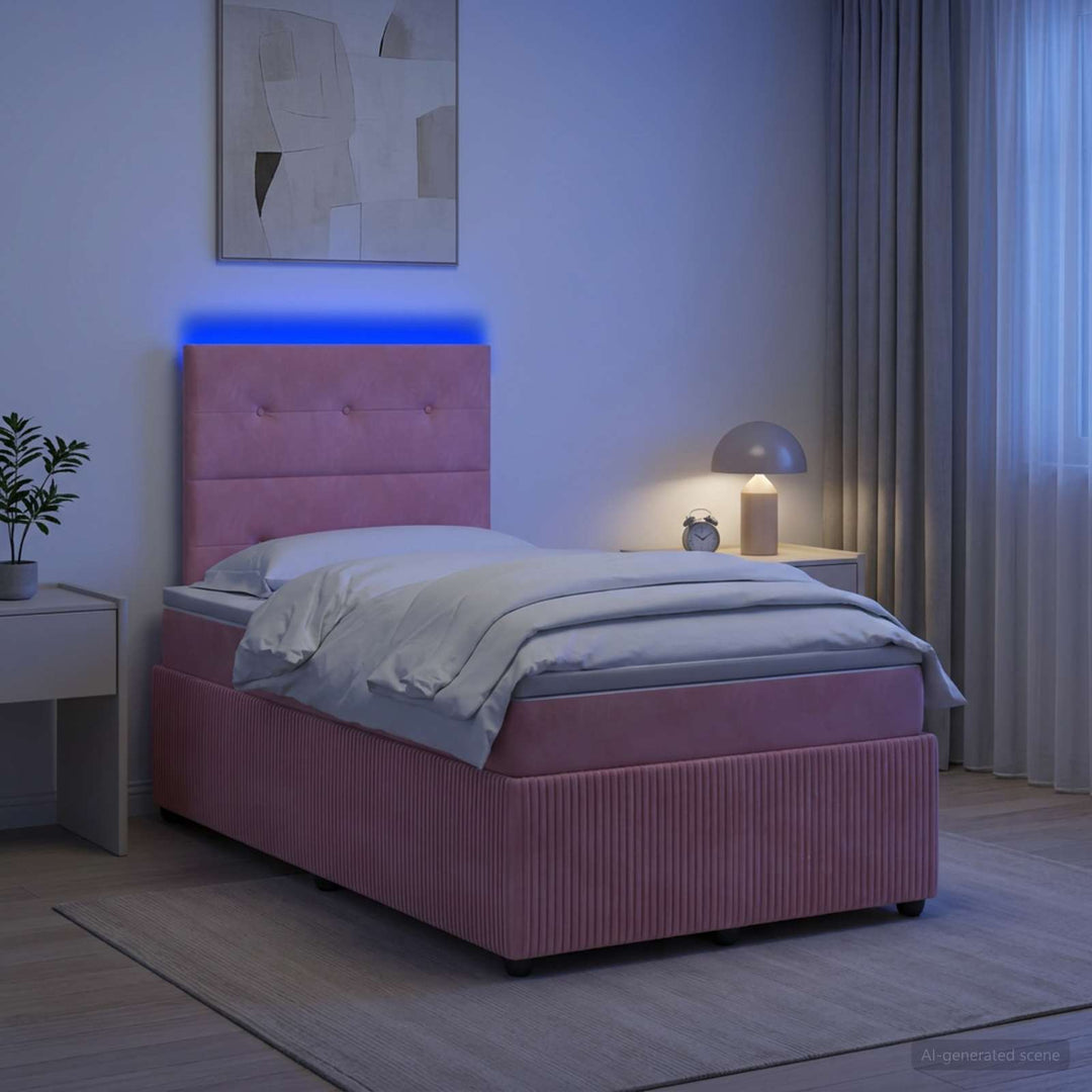 LED boksmadrasseng med madras Lyserød 120 x 190 cm Fløjl
