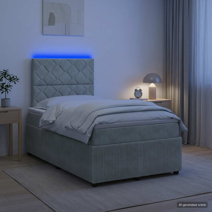LED boksmadrasseng med madras Lysegrå 120 x 190 cm Fløjl