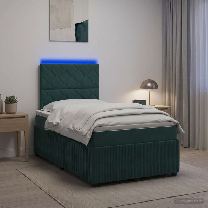 LED boksmadrasseng med madras Mørkegrøn 120 x 190 cm Fløjl