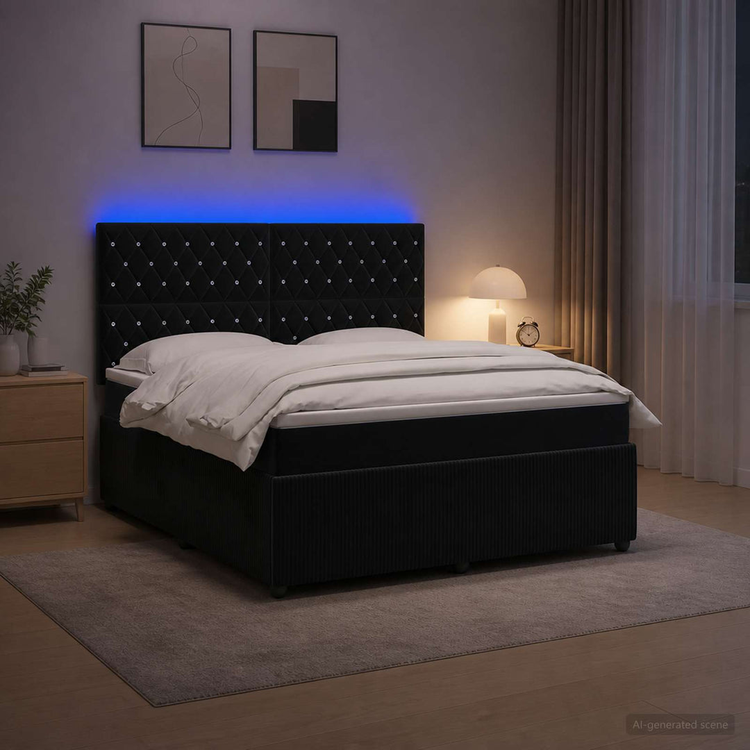 LED boksmadrasseng med madras Sort 140 x 200 cm Fløjl
