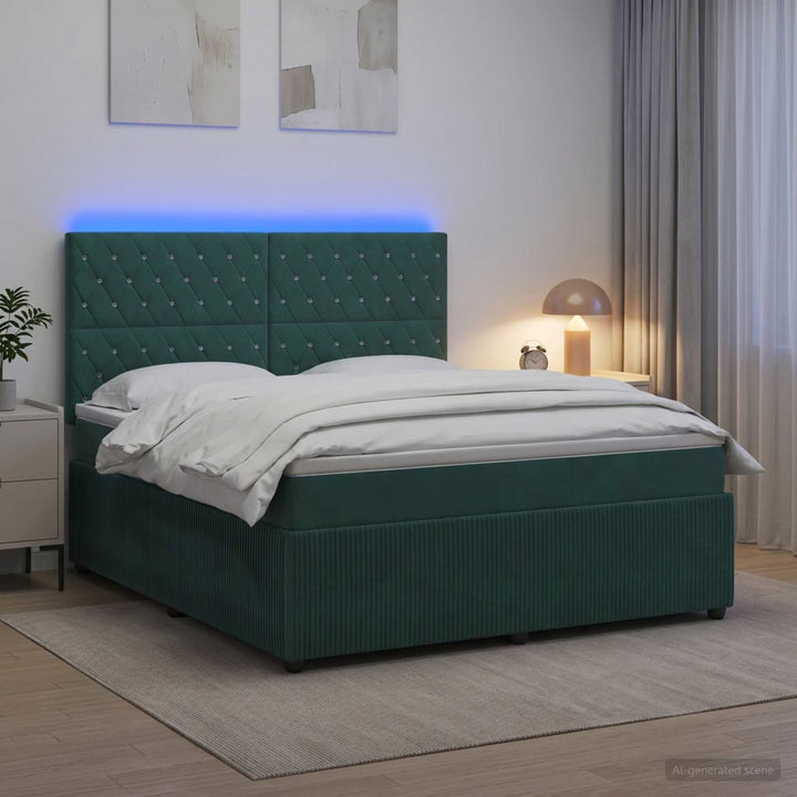 LED boksmadrasseng med madras Mørkegrøn 140 x 200 cm Fløjl
