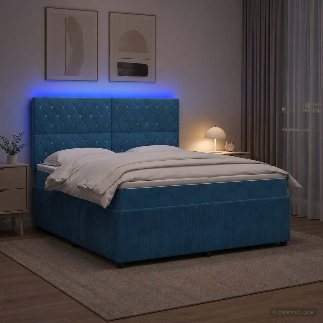 LED boksmadrasseng med madras Blå 160 x 200 cm Fløjl
