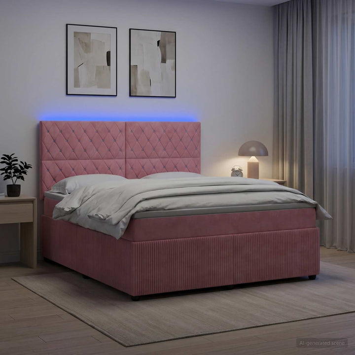 LED boksmadrasseng med madras Lyserød 140 x 200 cm Fløjl
