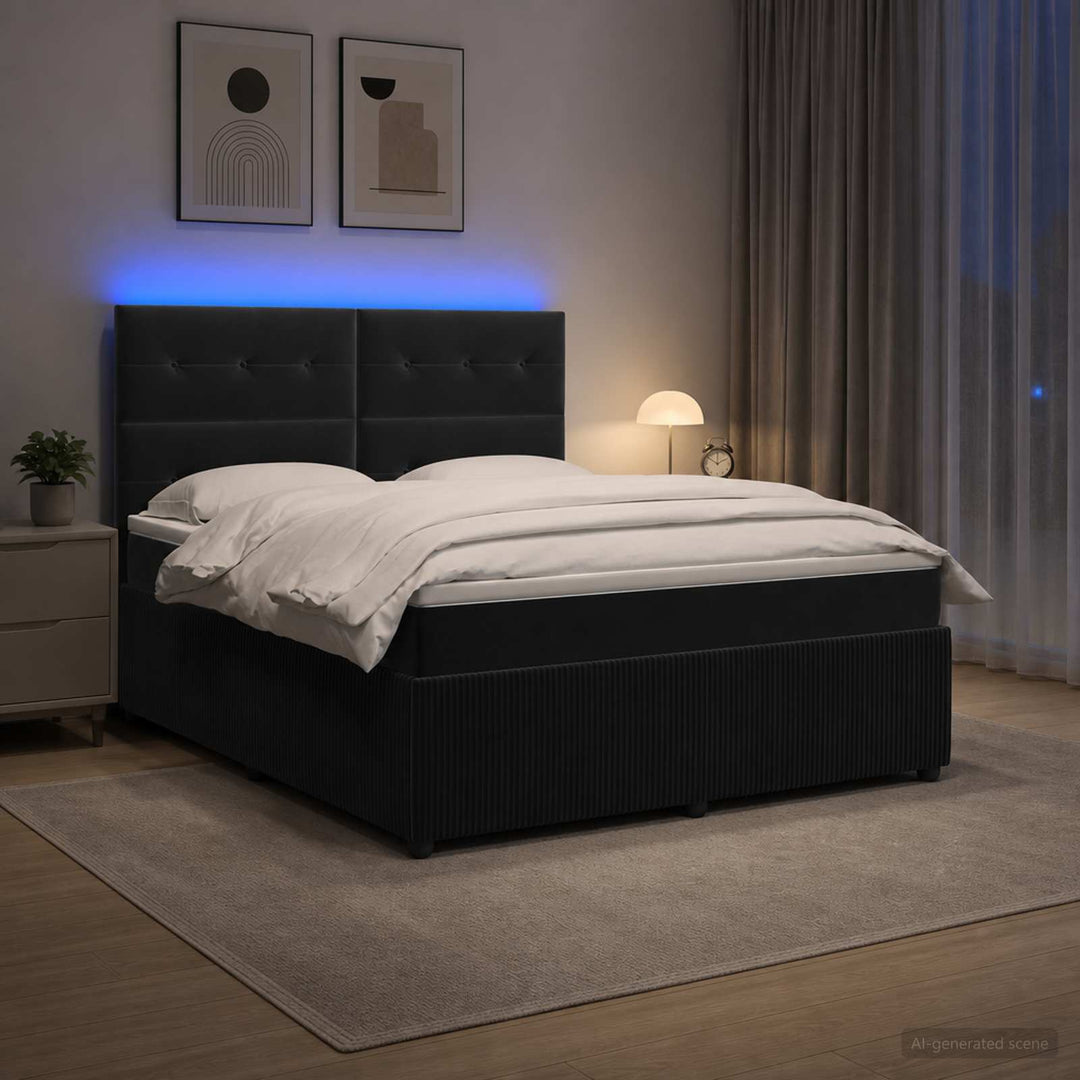LED boksmadrasseng med madras Sort 140 x 200 cm Fløjl