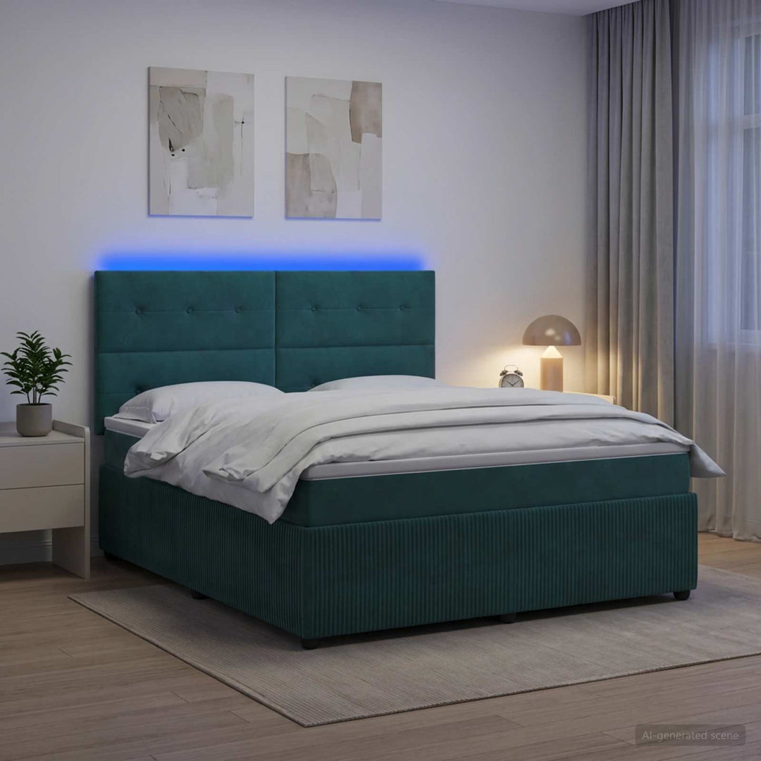 LED boksmadrasseng med madras Mørkegrøn 160 x 200 cm Fløjl