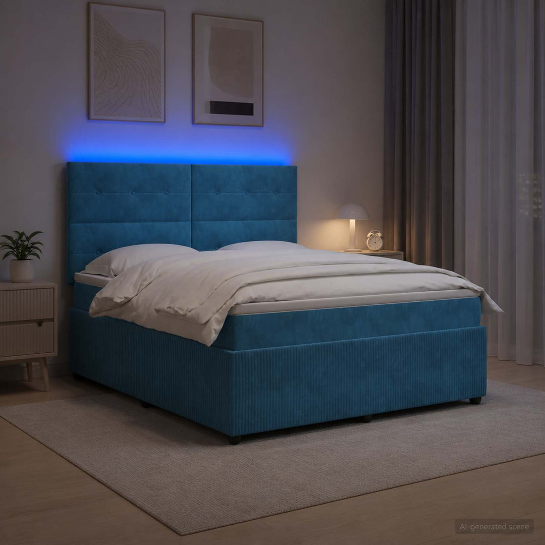 LED boksmadrasseng med madras Blå 140 x 190 cm Fløjl