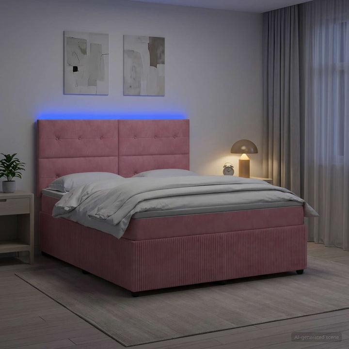 LED boksmadrasseng med madras Lyserød 180 x 200 cm Fløjl