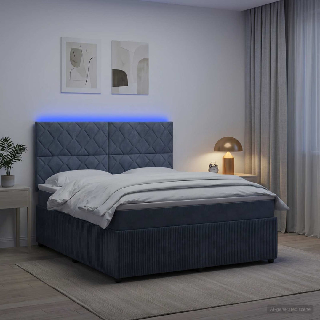 LED boksmadrasseng med madras Mørkegrå 160 x 200 cm Fløjl