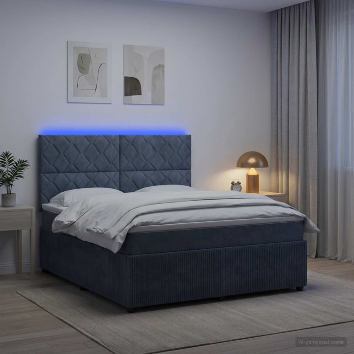 LED boksmadrasseng med madras Mørkegrå 160 x 200 cm Fløjl