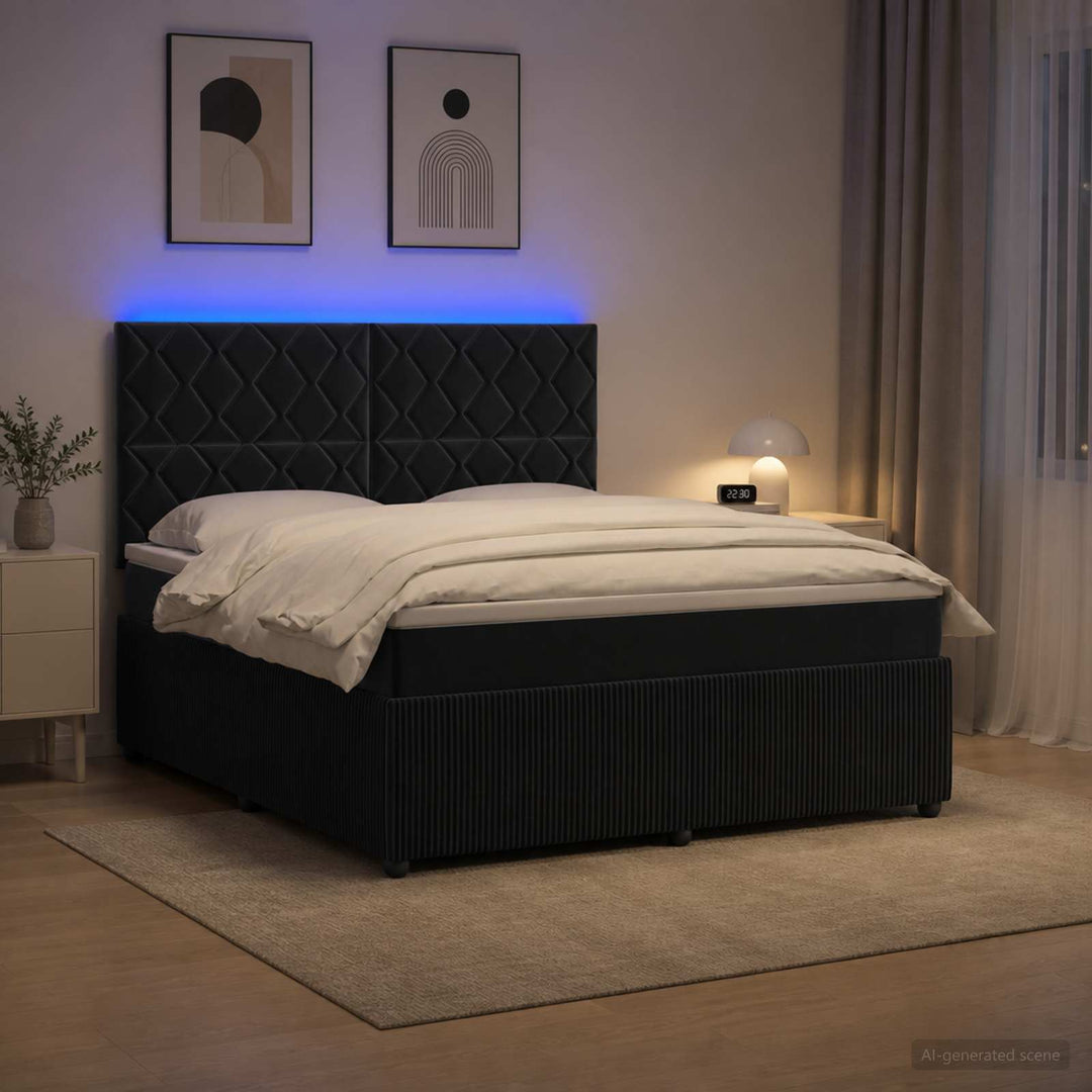 LED boksmadrasseng med madras Sort 160 x 200 cm Fløjl