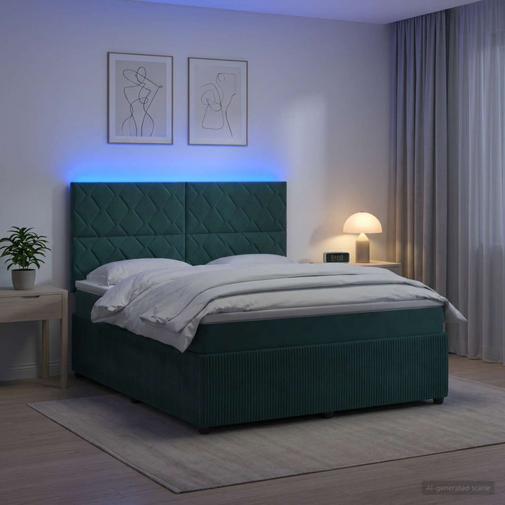 LED boksmadrasseng med madras Mørkegrøn 180 x 200 cm Fløjl