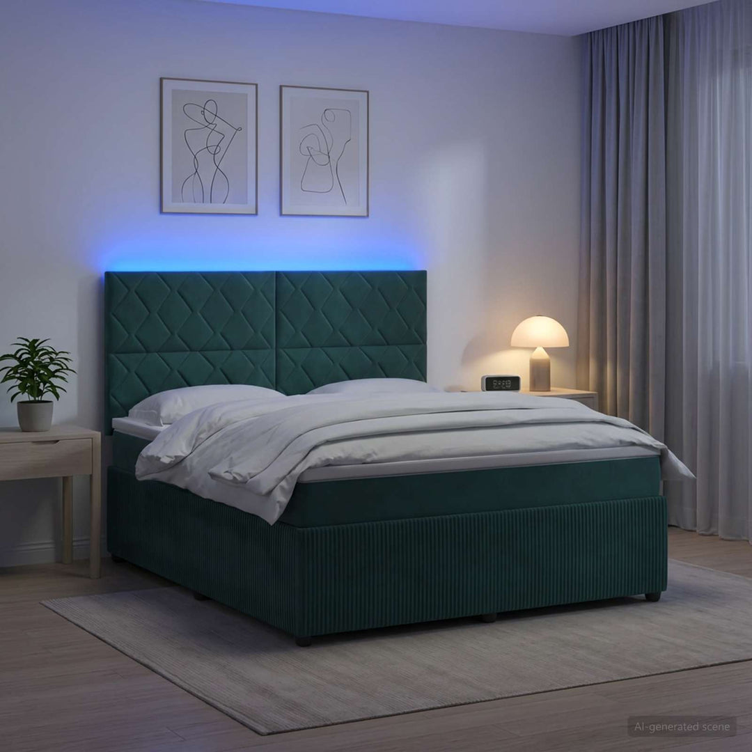 LED boksmadrasseng med madras Mørkegrøn 160 x 200 cm Fløjl