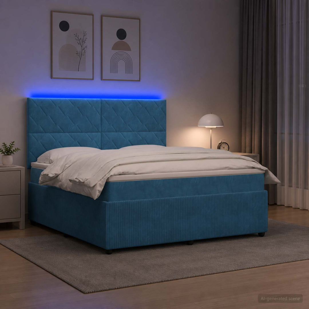 LED boksmadrasseng med madras Blå 140 x 200 cm Fløjl