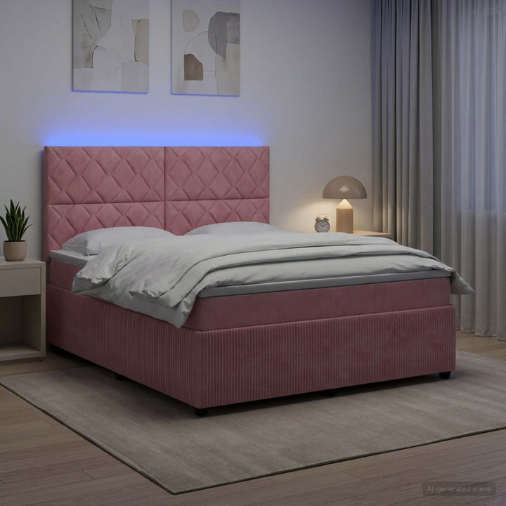 LED boksmadrasseng med madras Lyserød 140 x 190 cm Fløjl