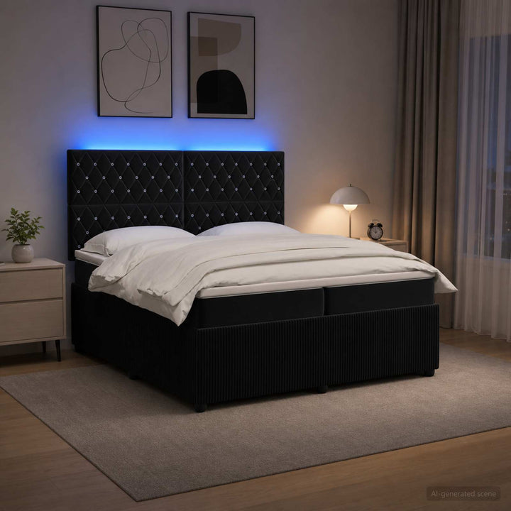 LED boksmadrasseng med madras Sort 200 x 200 cm Fløjl
