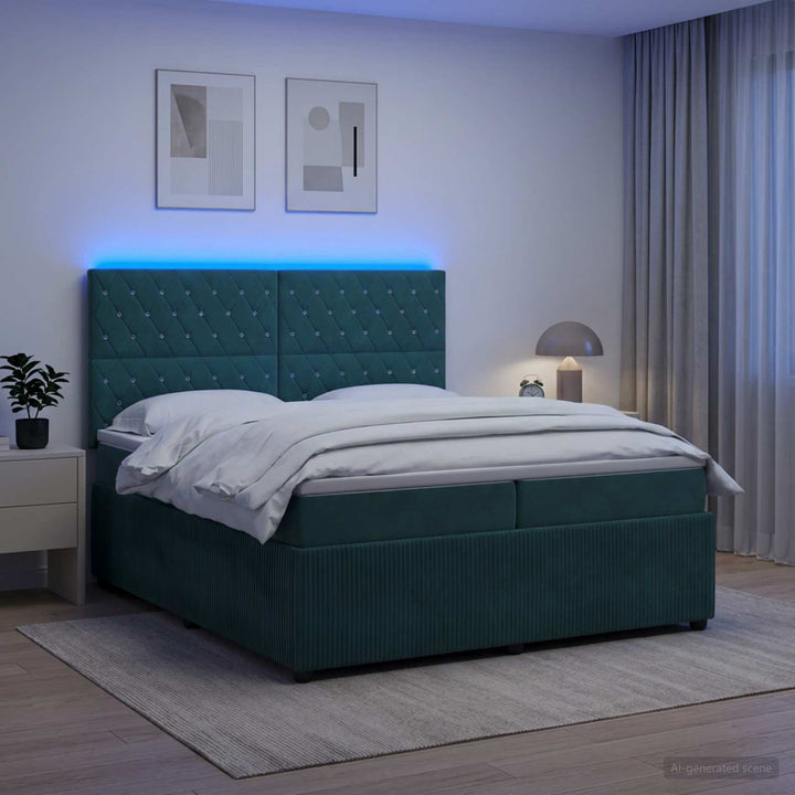 LED boksmadrasseng med madras Mørkegrøn 200 x 200 cm Fløjl