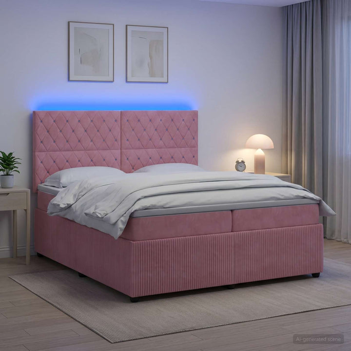 LED boksmadrasseng med madras Lyserød 200 x 200 cm Fløjl