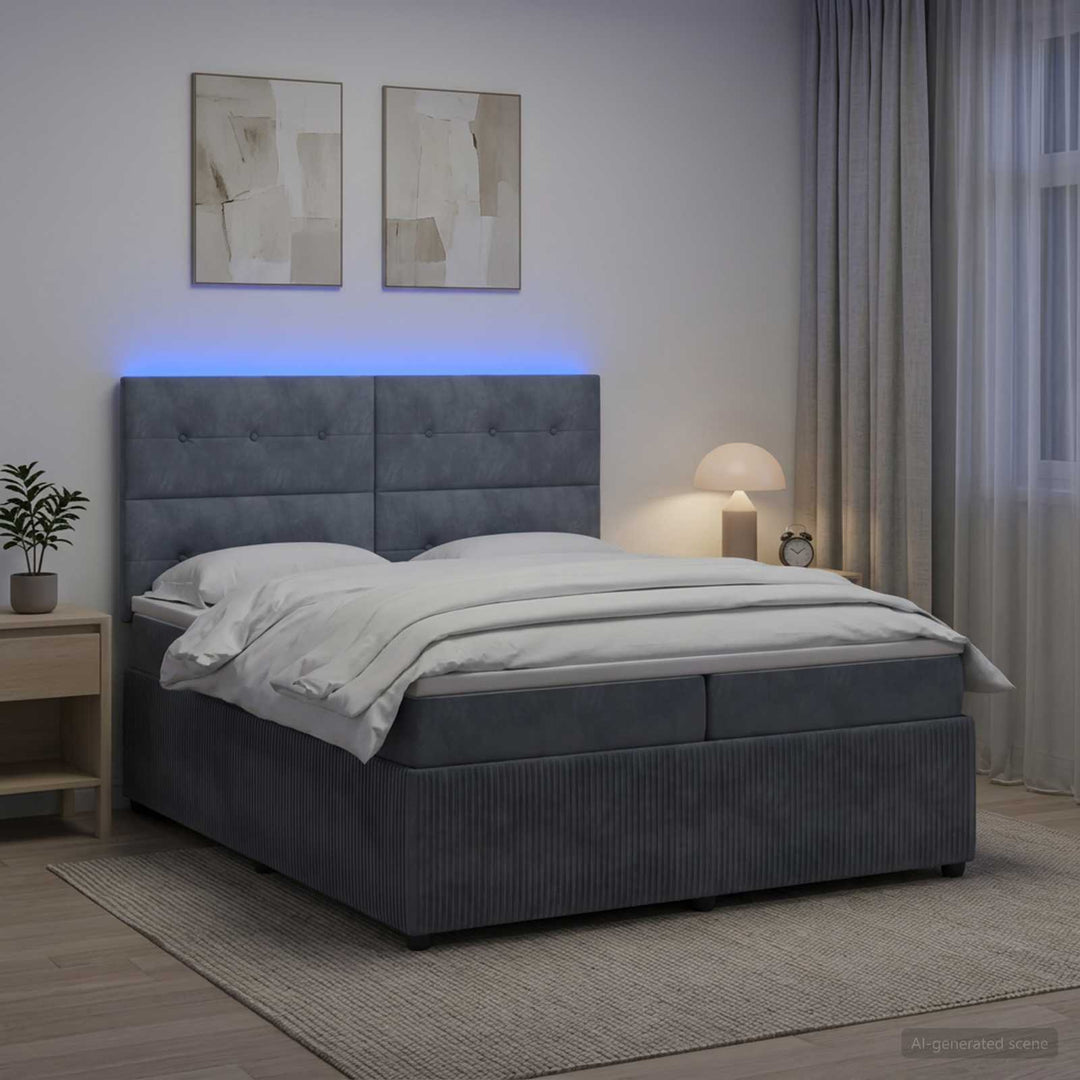 LED boksmadrasseng med madras Mørkegrå 200 x 200 cm Fløjl