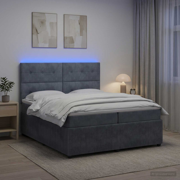 LED boksmadrasseng med madras Mørkegrå 200 x 200 cm Fløjl