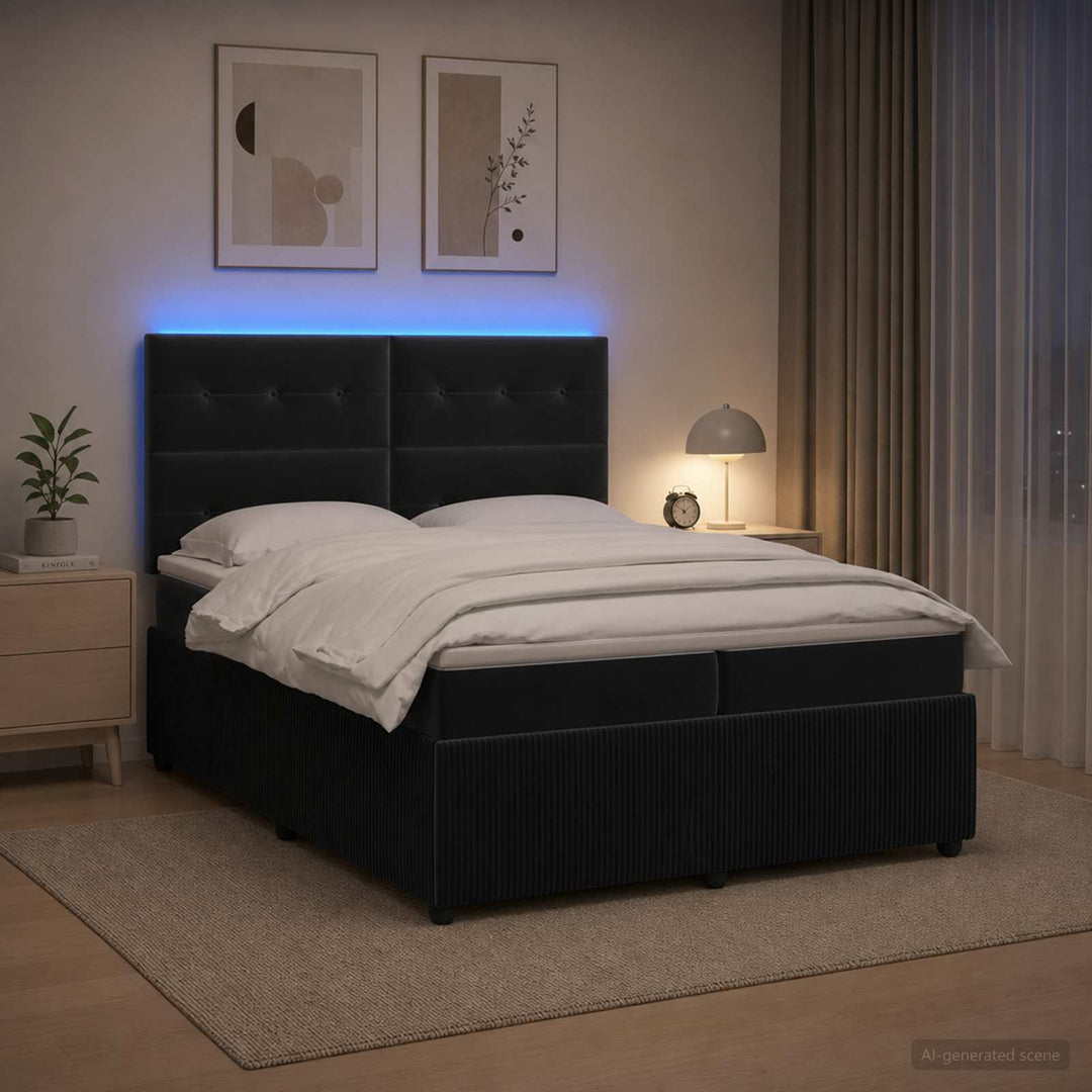 LED boksmadrasseng med madras Sort 200 x 200 cm Fløjl