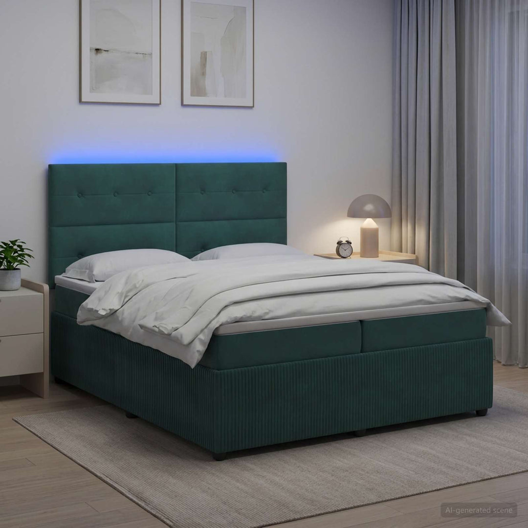 LED boksmadrasseng med madras Mørkegrøn 200 x 200 cm Fløjl