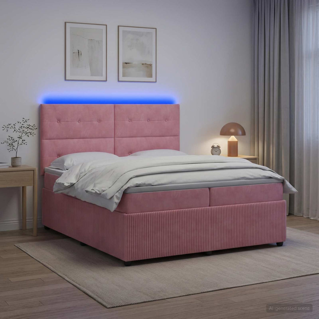 LED boksmadrasseng med madras Lyserød 200 x 200 cm Fløjl