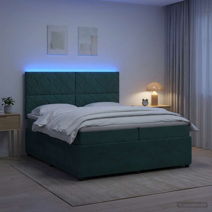 LED boksmadrasseng med madras Mørkegrøn 200 x 200 cm Fløjl