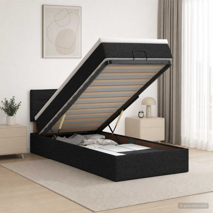 Ottoman seng med madras og LED Sort 90 x 200 cm Stof