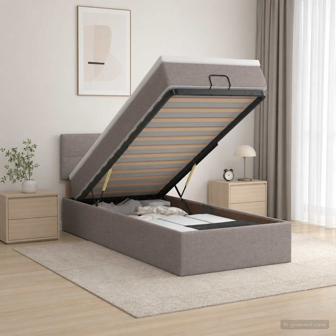 Ottoman seng med madras og LED Gråbrun 90 x 190 cm Stof