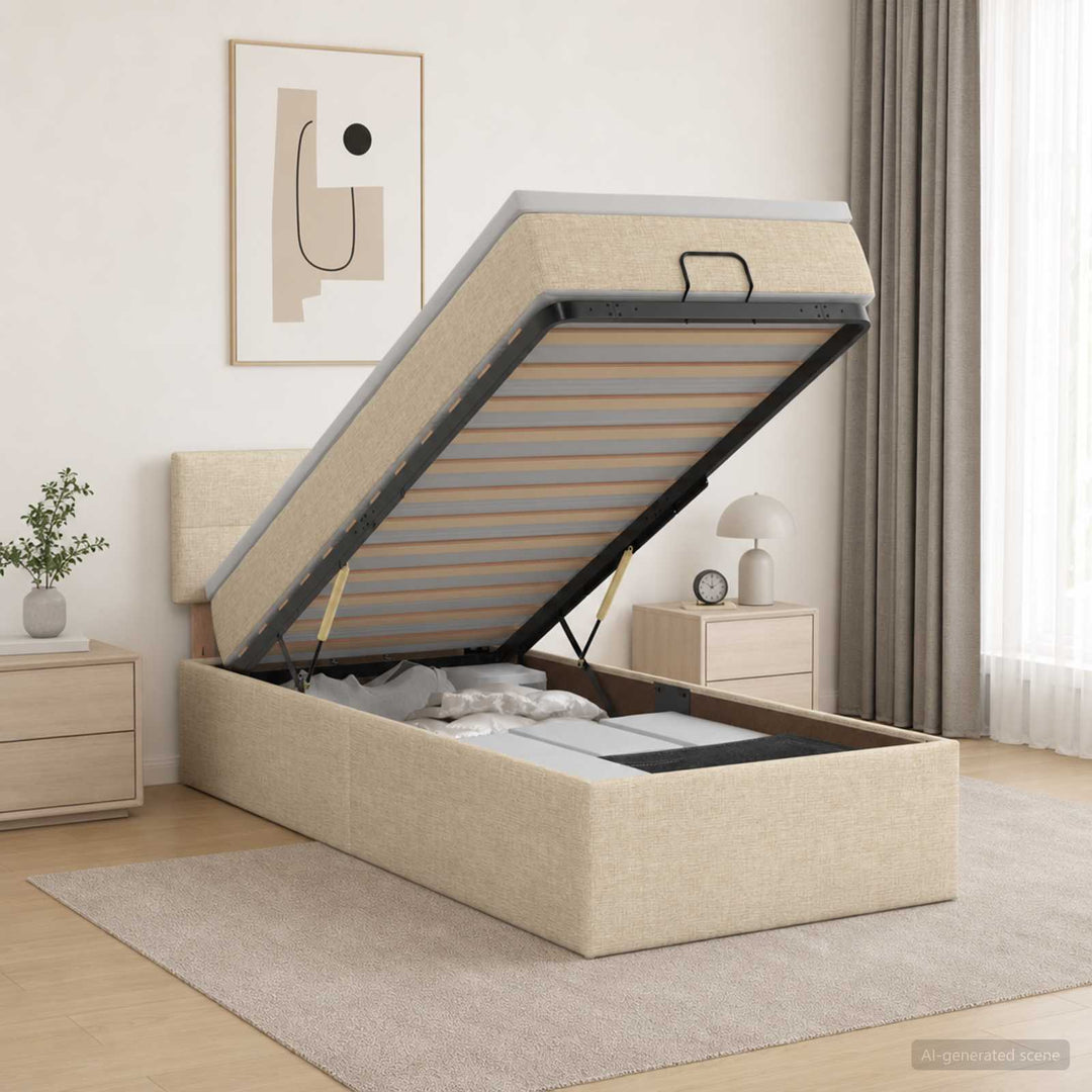 Ottoman seng med madras og LED Cremefarvet 90 x 190 cm Stof