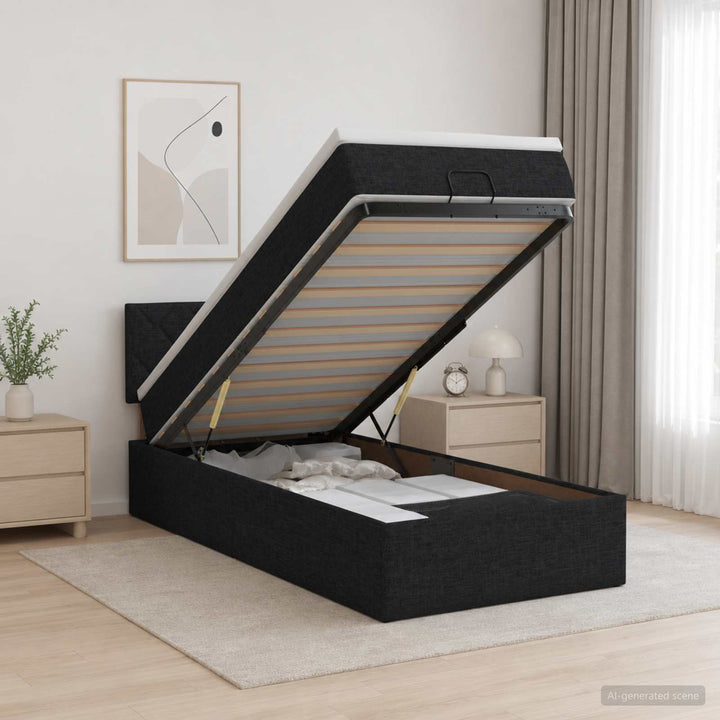 Ottoman seng med madras og LED Sort 90 x 200 cm Stof