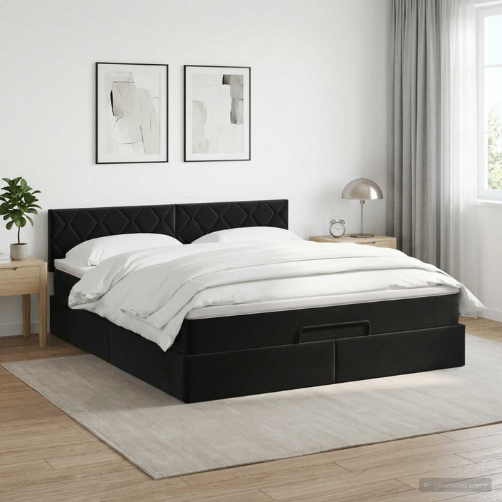 Ottoman seng med madras med hovedgærde Sort 140 x 200 cm Fløjl
