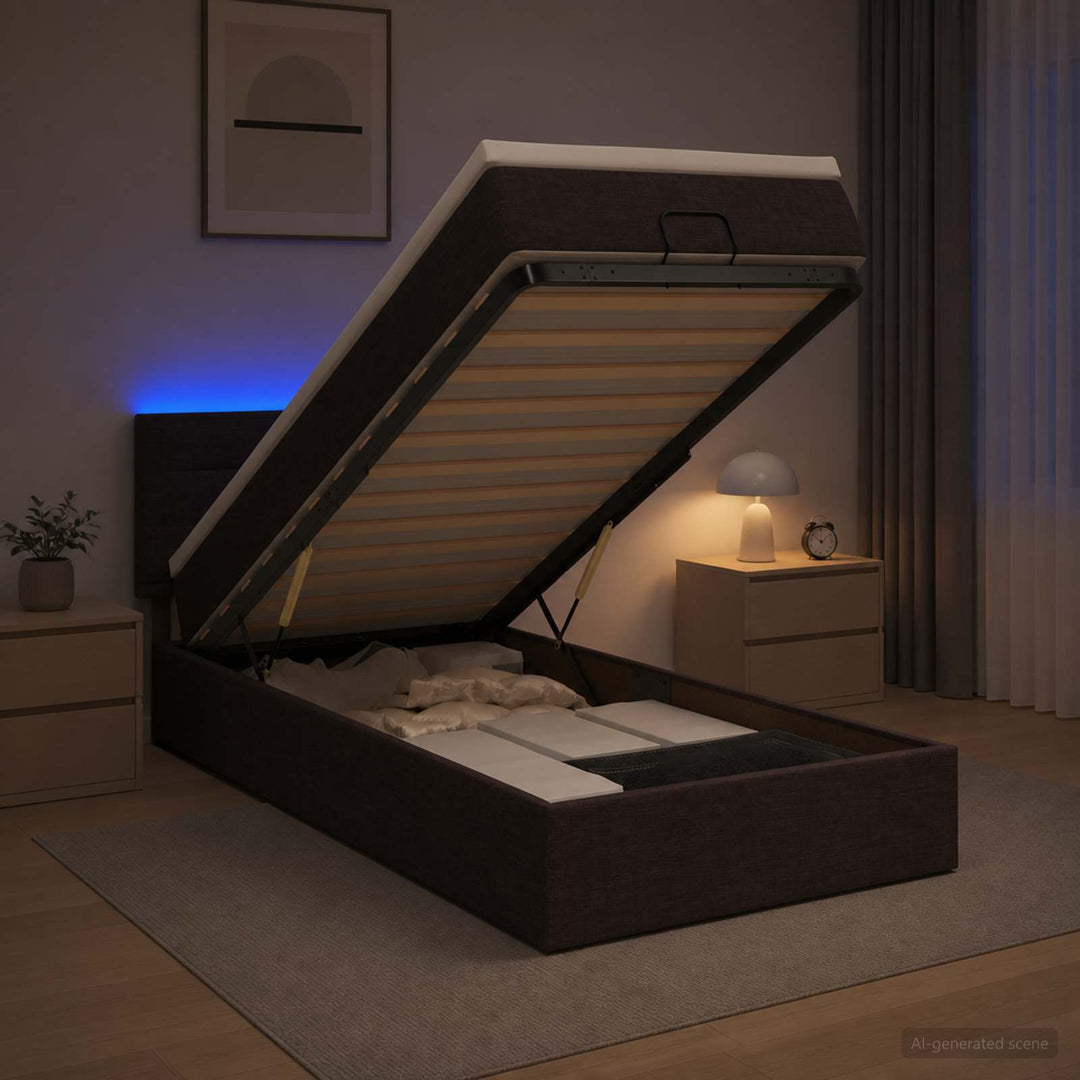 Ottoman seng med madras og LED Mørk Brun 90 x 190 cm Stof