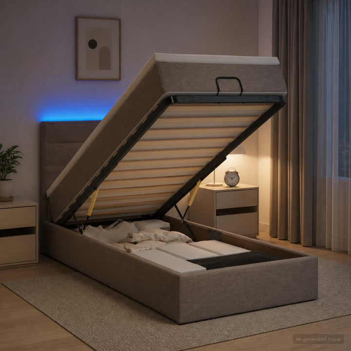 Ottoman seng med madras og LED Gråbrun 80 x 200 cm Stof