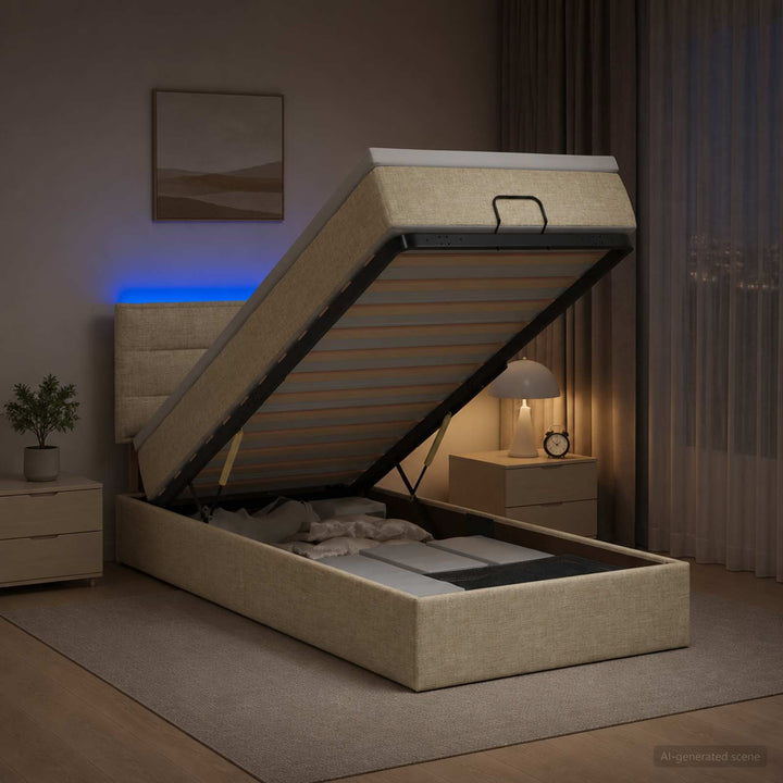 Ottoman seng med madras og LED Cremefarvet 100 x 200 cm Stof