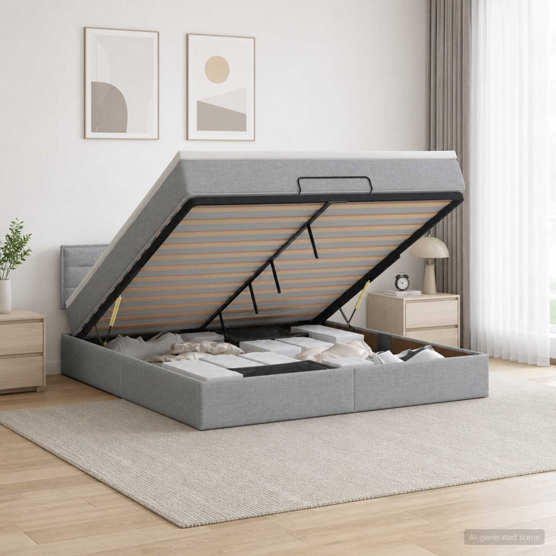 Ottoman seng med madras og LED Lysegrå 140 x 190 cm Stof
