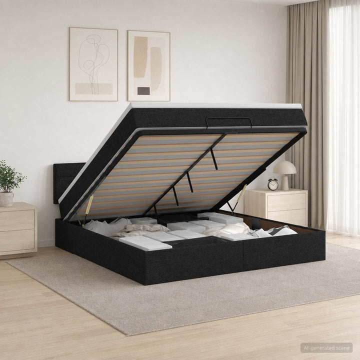 Ottoman seng med madras og LED Sort 160 x 200 cm Stof