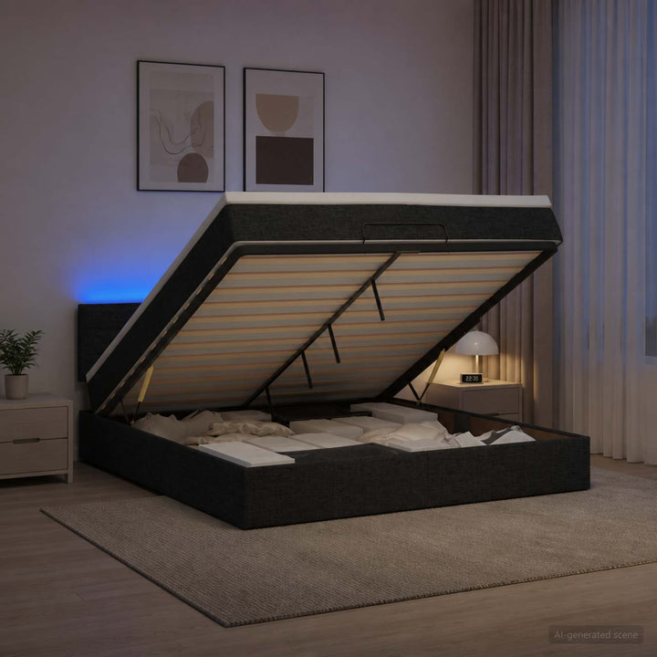 Ottoman seng med madras og LED Sort 180 x 200 cm Stof